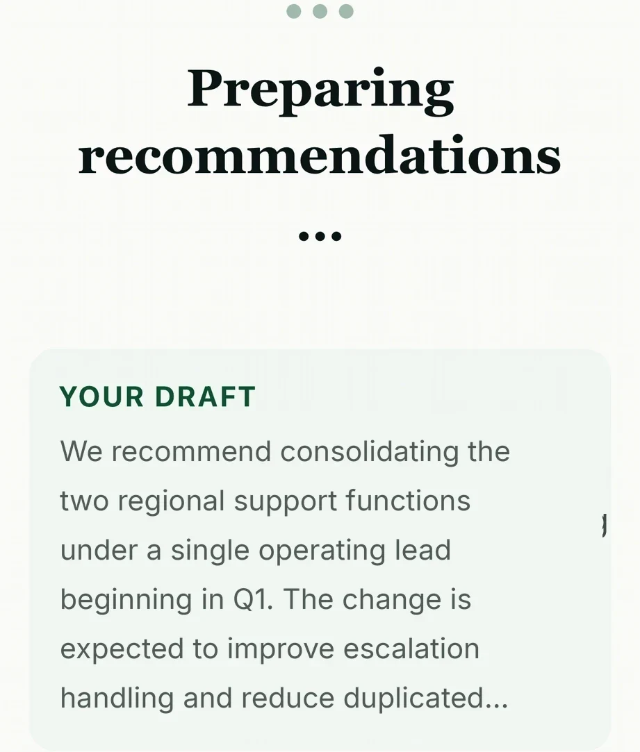 Thanis Executive reviewing a real consolidation recommendation memo while preparing recommendations.