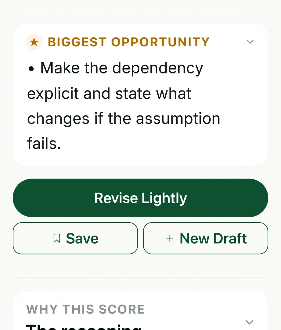 Thanis Executive revision priority: make the dependency explicit and state what changes if the assumption fails.