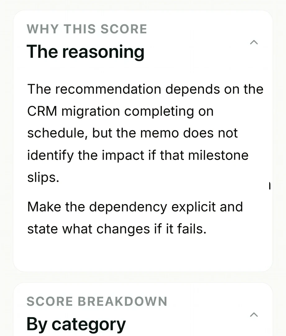 Thanis showing the reasoning behind a score and the recommendation to make a dependency explicit — with no rewrite applied to the draft.