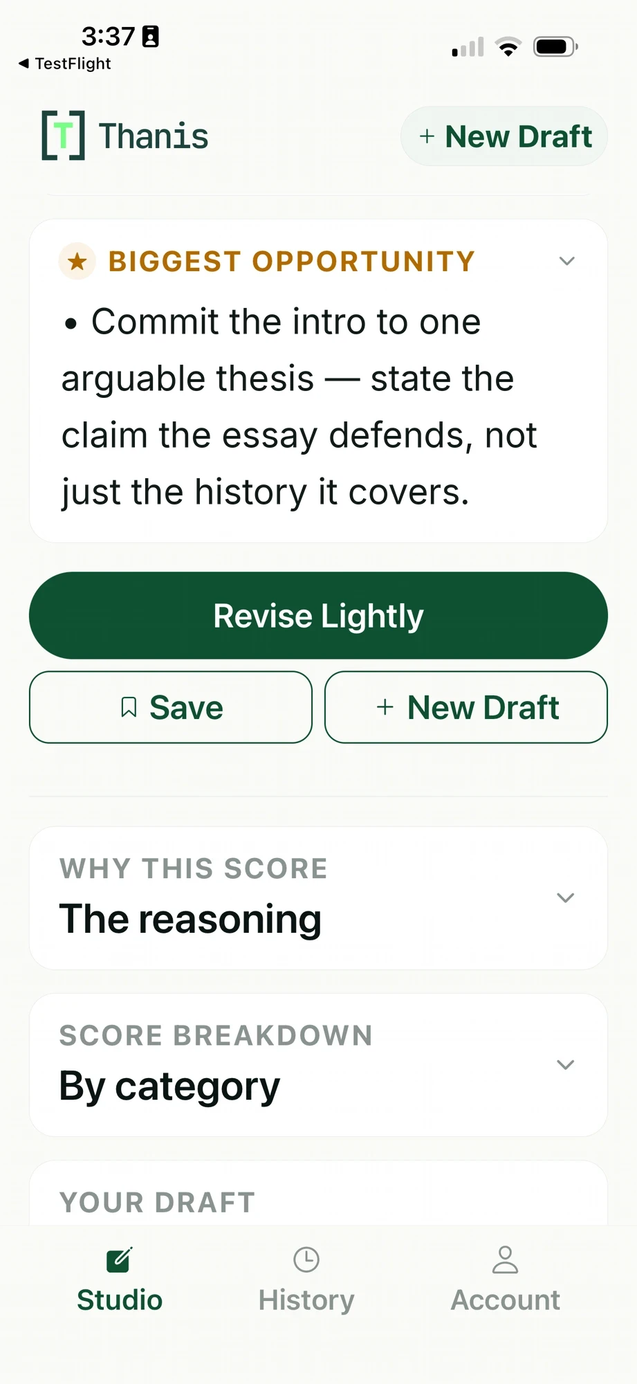 A real Thanis review on mobile with the Save button and the History tab visible in the app navigation.