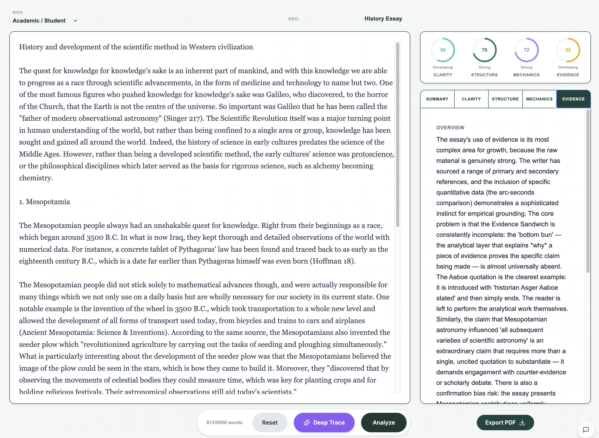 Real Thanis review: the History Essay draft beside its scores (Clarity 58, Structure 70, Mechanics 72, Evidence 52) and the explanation of the Evidence result.