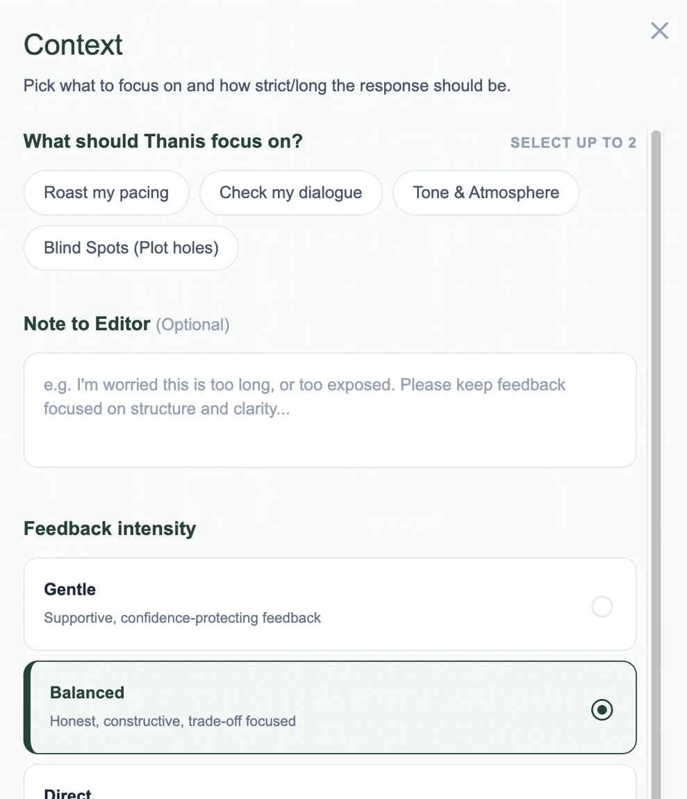 Thanis Writer Pro context setup — focus choices like pacing, dialogue, tone, and blind spots, plus feedback intensity.